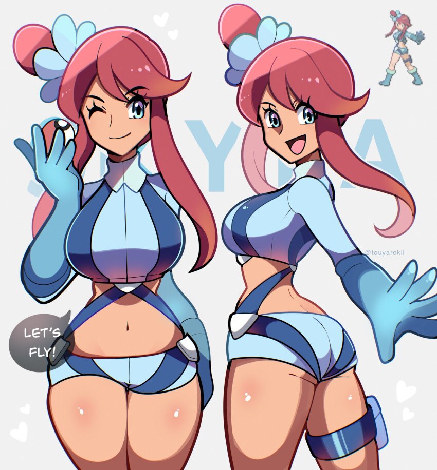 1girl 2024_pokemon_teraleak anklet artist_name ass bare_legs blinking blue_eyes blue_shorts breasts collar crop_top english_text flower_ornament grey_background heart highres jewelry large_breasts long_sleeves midriff navel nintendo one_eye_closed open_mouth pants pilot pilot_suit pokemon pokemon_bw red_hair short_hair shorts simple_background skyla_(pokemon) speech_bubble tight_clothes tight_pants touyarokii