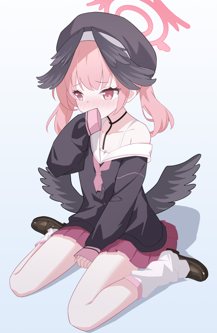 1girl absurdres beret black_hat black_serafuku black_shirt black_shoes black_wings blue_archive blush commentary covering_own_mouth detached_leggings feathered_wings halo hat head_wings highres koharu_(blue_archive) low_wings neckerchief nose_blush pink_eyes pink_hair pink_neckerchief red_halo red_skirt sailor_collar school_uniform serafuku shadow shirt shoes simple_background single_bare_shoulder sitting skirt sleeves_past_fingers sleeves_past_wrists solo twintails ula_cabbage wariza white_background white_sailor_collar wings