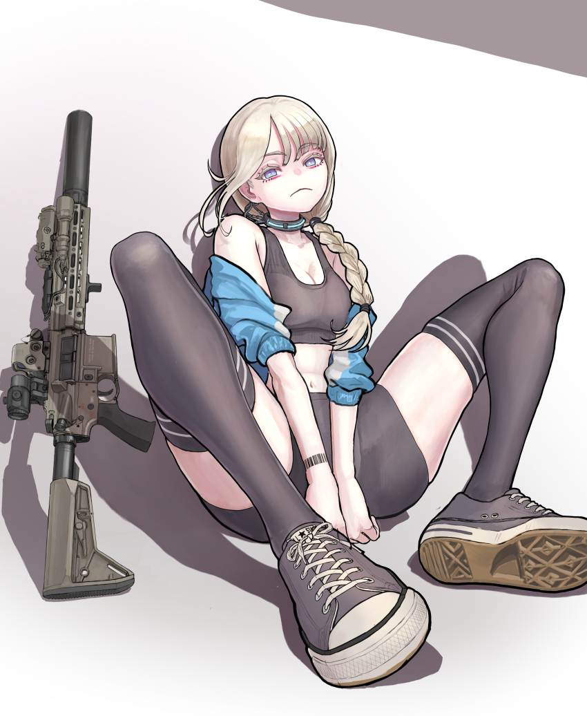 1girl absurdres arms_between_legs assault_rifle barefoot black_shirt black_shoes black_sports_bra black_thighhighs blonde_hair blue_eyes blue_jacket braid braided_ponytail breasts cleavage collar converse frown gun h&amp;k_hk416 hair_over_shoulder highres jacket legs long_hair looking_at_viewer mechanical_collar medium_breasts navel nyo551 off_shoulder open_clothes open_jacket original rifle shirt shoes simple_background sitting solo sports_bra thighhighs thighs weapon