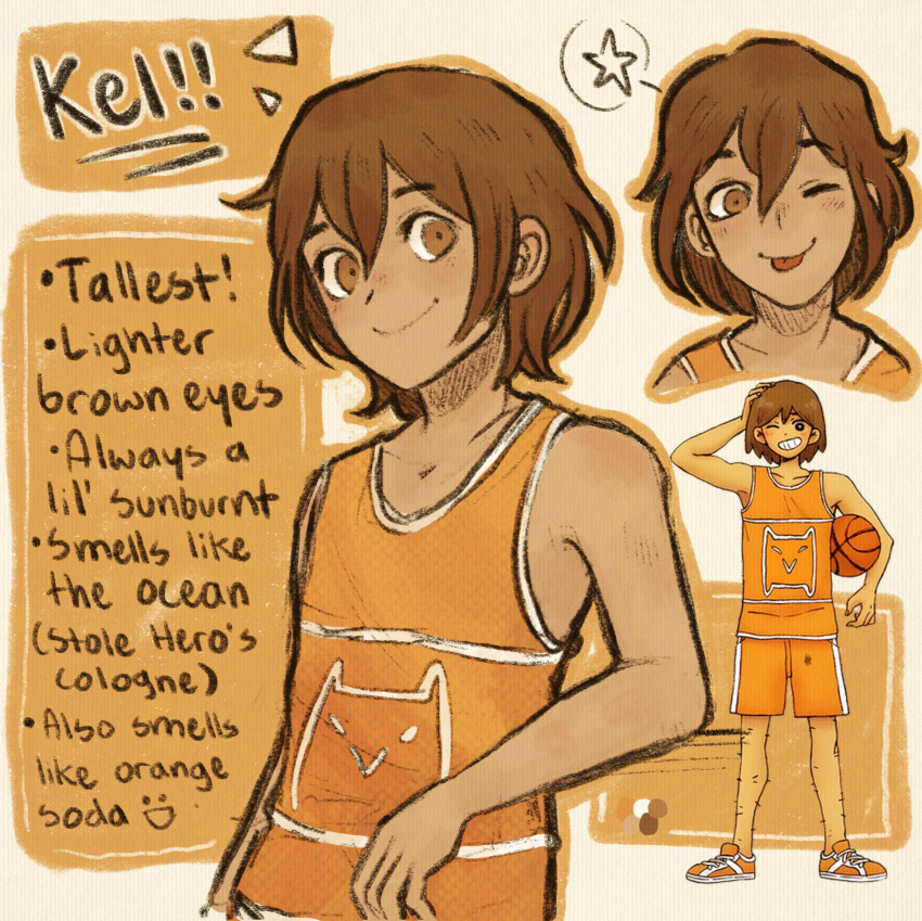1boy brown_eyes brown_hair character_name closed_mouth collarbone dark-skinned_male dark_skin english_text highres kel_(faraway)_(omori) kel_(omori) looking_at_viewer male_focus official_art_inset omori one_eye_closed ottie_pops reference_inset short_hair smile solo tongue tongue_out