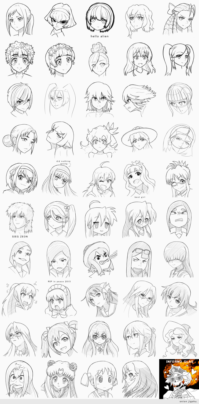 6+girls absurdres aisaka_taiga annoyed asakusa_midori asougi_rin asui_tsuyu bishoujo_senshi_sailor_moon boku_no_hero_academia character_request crossed_arms diana_cavendish eizouken_ni_wa_te_wo_dasu_na! glasses hair_over_eyes hat highres izumi_konata kanamori_sayaka kill_la_kill kobayashi-san_chi_no_maidragon little_witch_academia long_hair looking_at_viewer lucky_star maeno_mishio maid matoi_ryuuko mature_female melty_blood mizusaki_tsubame mnemosyne monochrome multiple_girls nia_teppelin nichijou office_lady open_mouth oshino_shinobu parted_lips ponytail sailor_collar sailor_moon serious short_hair smile surprised suzumiya_haruhi suzumiya_haruhi_no_yuuutsu tengen_toppa_gurren_lagann toaru_kagaku_no_railgun toaru_majutsu_no_index tongue tongue_out toradora! traditional_media tsukihime twintails uiharu_kazari witch_hat