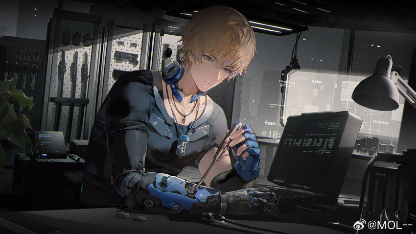 1boy armory blue_eyes brown_hair computer computer_keyboard dog_tags gun headphones headphones_around_neck highres lamp lee:_entropy_(pgr) lee_(pgr) male_focus mechabare mechanical_arms mol-- monitor official_art plant punishing:_gray_raven repairing screwdriver single_mechanical_arm sword table watermark weapon weapon_rack weibo_watermark window