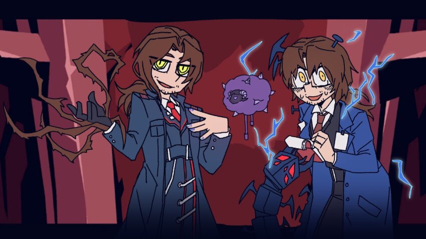 2boys black_gloves black_vest blue_coat blue_vest coat collared_shirt cowboy_shot dreaming_electric_sheep e.g.o_(project_moon) electric_screaming_(e.g.o) gloves gregor_(project_moon) hand_up hands_up jing84672940 lapels limbus_company long_sleeves low_ponytail male_focus mechanical_arms meursault_(project_moon) multiple_boys necktie notched_lapels notepad ponytail project_moon red_necktie shirt single_glove single_mechanical_arm vest white_shirt