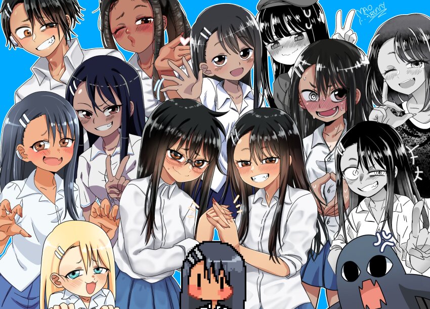 1boy 6+girls :3 alternate_hair_color alternate_hairstyle alternate_skin_color anger_vein beret black_hair blonde_hair blowing_kiss blue_background blue_eyes blush borrowed_design breasts brown_eyes claw_pose commentary_request crazy_eyes crazy_grin dark-skinned_female dark_skin dreadlocks eye_twitch genderswap genderswap_(ftm) glasses grin hair_ornament hairclip hat highres holding_hands ijiranaide_nagatoro-san interlocked_fingers long_sleeves mao_bunny medium_breasts multiple_girls multiple_persona nagatoro_hayase one_eye_closed open_mouth partially_colored pixel_art pleated_skirt pointing raised_inner_eyebrows signature skirt sleeves_rolled_up small_breasts smile spanish_commentary sweat v waving