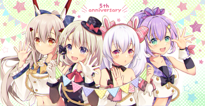4girls anchor_symbol animal_ears anniversary ayanami_(azur_lane) ayanami_(low-key_idol_@confused)_(azur_lane) azur_lane bare_shoulders blonde_hair bow breasts collared_shirt detached_sleeves english_text fake_animal_ears gloves green_eyes hair_between_eyes hat headgear high_ponytail highres idol javelin_(azur_lane) javelin_(energetic_idol_@120_motivation!)_(azur_lane) laffey_(azur_lane) laffey_(bunny_idol_@unmotivated)_(azur_lane) light_brown_hair long_hair long_sleeves looking_at_viewer maya_(tirolpop) medium_breasts medium_hair mini_hat multiple_girls official_alternate_costume open_mouth orange_eyes pink_bow pink_eyes plaid_bow plaid_clothes plaid_headwear ponytail purple_bow purple_eyes purple_hair shirt sleeveless sleeveless_shirt tilted_headwear twintails upper_body very_long_hair white_gloves white_sleeves yellow_bow z23_(azur_lane) z23_(serious_idol_@acting_manager?!)_(azur_lane)