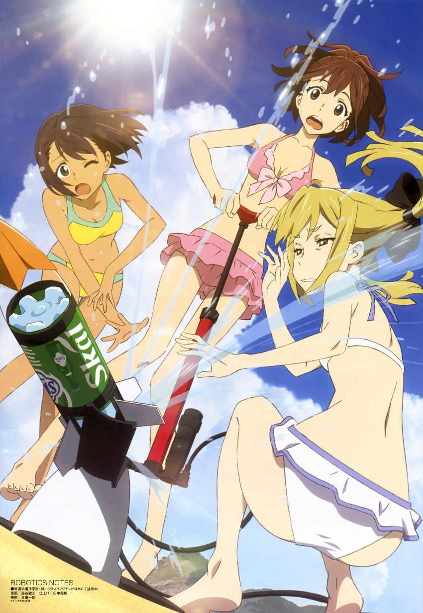 10s 3girls :o ;o absurdres air_pump ass back barefoot beach bent_over bicycle_pump bikini bikini_skirt black_eyes black_hair blonde_hair bottle_rocket bow breasts brown_eyes brown_hair cleavage clenched_teeth cloud daitoku_junna day dutch_angle feet foreshortening front-tie_bikini_top front-tie_top hair_bow half-closed_eyes high_ponytail highres hip_focus kaiya_toshihisa koujiro_frau layered_skirt leaning_forward legs lens_flare long_hair megami_magazine multiple_girls navel non-web_source official_art one_eye_closed open_mouth outdoors ponytail pump purple_bikini raised_eyebrows robotics;notes scan senomiya_akiho short_eyebrows short_hair short_ponytail short_twintails skinny skirt sky small_breasts sports_bikini standing sun surprised swimsuit tan teeth thigh_gap twintails water white_bikini wide-eyed wince wink yellow_bikini