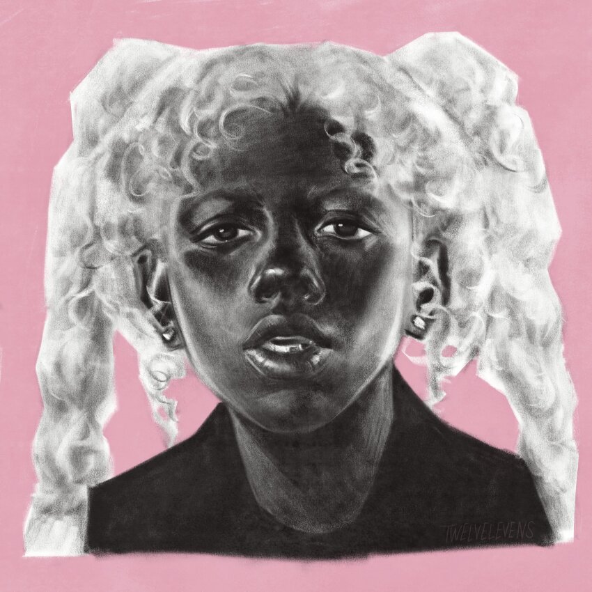 1boy absurdres album_cover album_cover_redraw cosplay cover dark-skinned_male dark_skin derivative_work greyscale_with_colored_background hatsune_miku hatsune_miku_(cosplay) highres hip_hop igor_(tyler_the_creator) long_hair looking_at_viewer male_focus parted_lips pink_background portrait real_life realistic shirt solo t-shirt twelvelevens twintails tyler_the_creator vocaloid