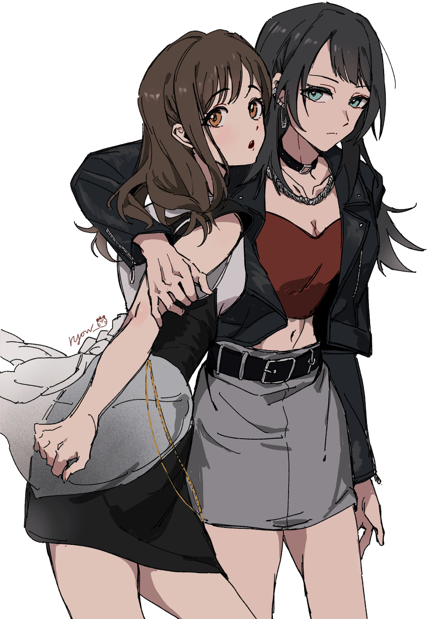 2girls absurdres arm_around_shoulder arm_at_side artist_name bang_dream! bang_dream!_it&#039;s_mygo!!!!! belt black_belt black_collar black_dress black_hair black_jacket blue_eyes brown_eyes brown_hair chinese_commentary closed_mouth collar commentary_request cowboy_shot dress earclip earrings expressionless grey_skirt hand_on_another&#039;s_arm highres jacket jewelry lapels leather leather_jacket long_hair long_sleeves looking_at_viewer midriff miniskirt multiple_girls navel necklace notched_lapels okada_mei open_clothes open_jacket open_mouth pencil_skirt photo-referenced red_tube_top ryow_6 see-through_clothes see-through_dress_layer short_dress sideways_glance simple_background skirt sleeveless sleeveless_dress standing strapless sumita_mana swept_bangs tanda_hazuki tube_top voice_actor_connection white_background yahata_umiri