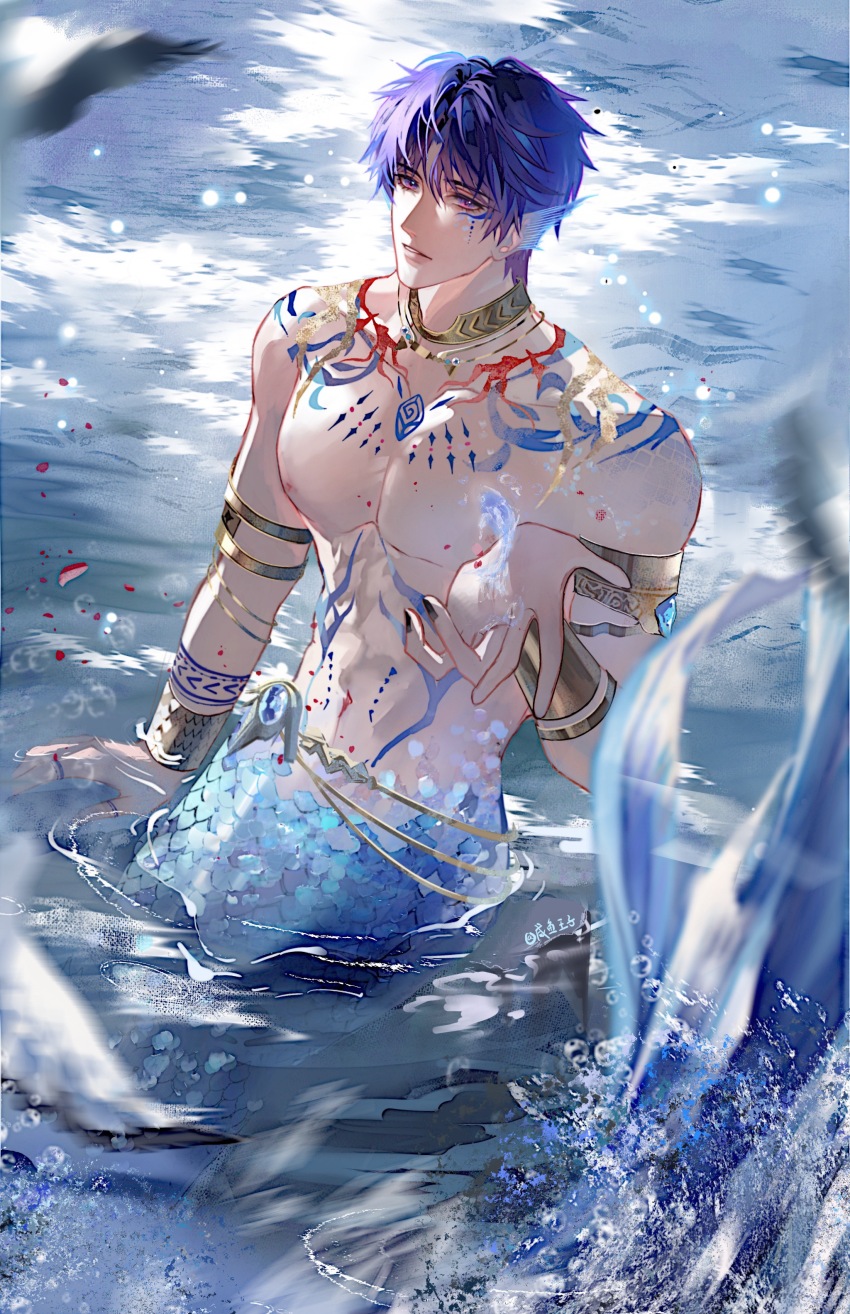 1boy absurdres arm_support arm_tattoo armlet bird black_nails blue_gemstone blue_scales blurry bracer chain_belt collar cowboy_shot depth_of_field facial_tattoo fins fish gem gold_collar hand_up head_fins highres jewelry lips looking_at_viewer love_and_deepspace male_focus merman monster_boy motion_blur multiple_rings nail_polish necklace nipples nude ocean open_hand parted_bangs parted_lips partially_submerged pectorals purple_eyes purple_hair rafayel_(love_and_deepspace) ring rock short_hair shoulder_tattoo sitting solo splatter stomach_tattoo tattoo water youshangdexianyuwangzi