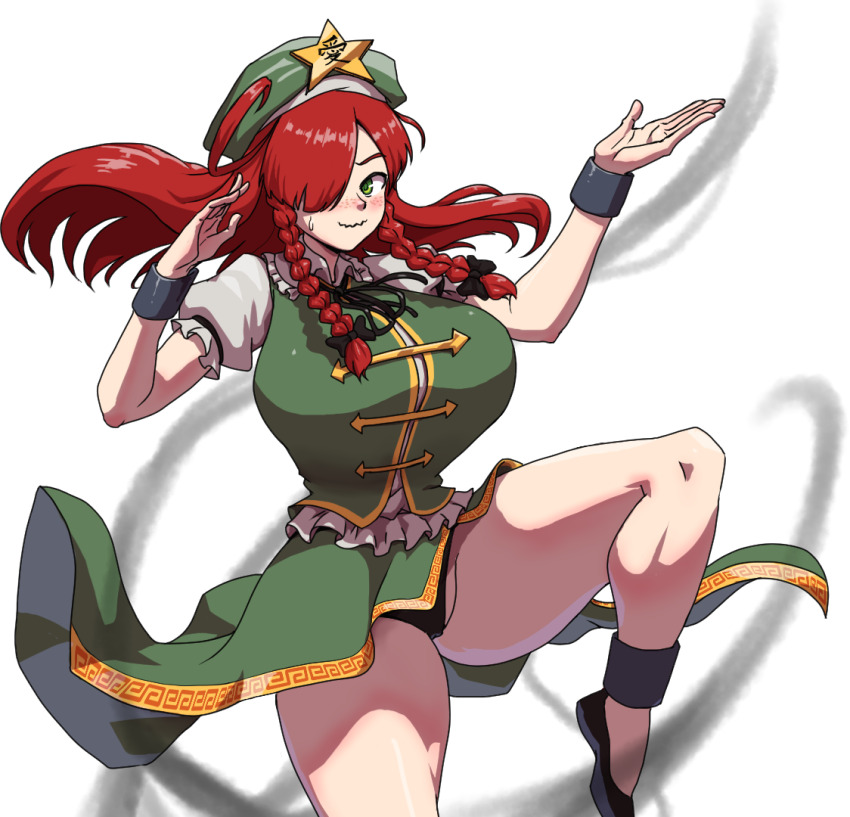 1girl black_bow black_footwear black_panties bow breasts chinese_clothes cosplay green_eyes green_hat green_skirt hair_bow hair_over_one_eye hat hong_meiling hong_meiling_(cosplay) large_breasts long_hair maodou_lu panties red_hair simple_background skirt solo standing standing_on_one_leg sweat thighs touhou underwear white_background
