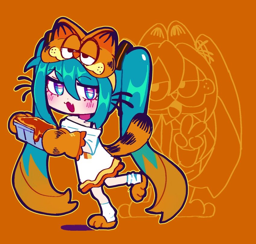 1girl blue_eyes blue_hair blush cat_tail character_hat cosplay fang garfield garfield_(character) garfield_(character)_(cosplay) hatsune_miku lasagne long_hair oven_mitts sidelocks skin_fang slippers solo tail twintails vocaloid yumeyuk0