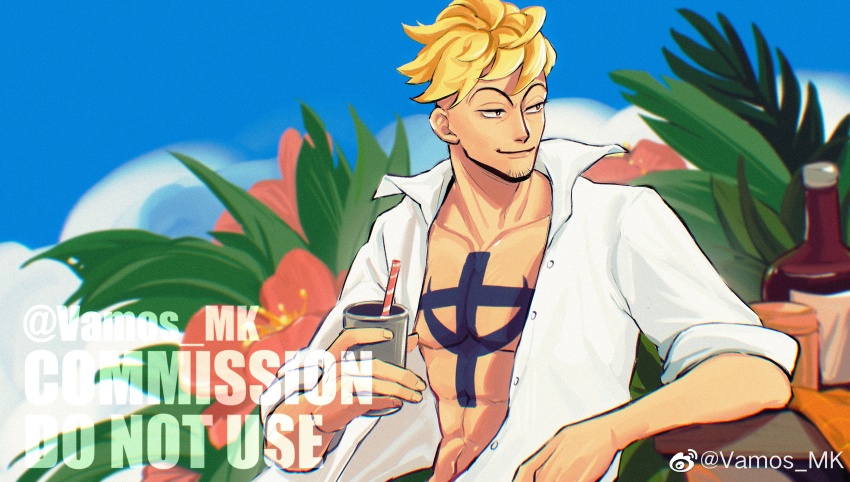 1boy absurdres bare_pectorals blonde_hair blue_sky chest_tattoo collarbone cup drinking_straw elbow_rest facial_hair flower goatee hibiscus highres holding holding_cup male_focus marco_(one_piece) one_piece open_clothes open_shirt outdoors pectorals sky smile solo tattoo toned toned_male vamos_mk watermark