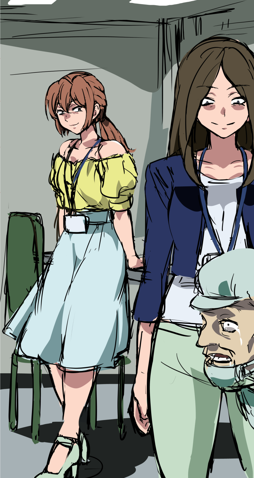 1boy 2girls absurdres arthropod_girl blue_eyes breasts brown_hair cleavage collarbone commentary_request evil_smile highres id_card indoors jacket kaga_erika kaga_momoka kemono_jihen long_hair mamesi_(suhk8583) mask medium_breasts mosquito_girl multiple_girls orange_hair pants shirt siblings sisters smile speech_bubble tongue tongue_out twintails