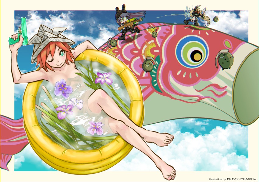;) aqua_eyes barefoot bikini black_hair blonde_hair blue_sky cloud crossed_legs day explosive feet frag_(trigger) gas_mask grenade head-mounted_display kodomo_no_hi koinobori luluco mask mori_taishi muzzle_(trigger) night-vision_device nude official_art one_eye_closed outside_border paper_hat paper_kabuto red_hair sky smile spring_(trigger) swimsuit toes trigger-chan trigger_(company) uchuu_patrol_luluco wading_pool water_gun watermark windsock