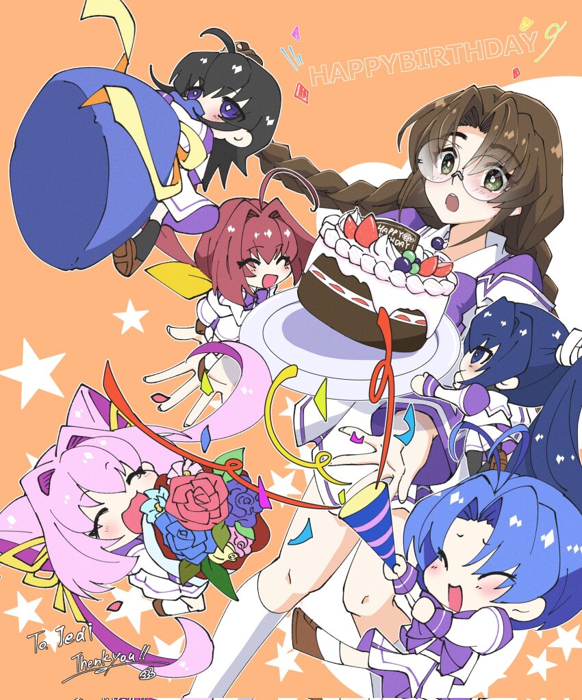5girls ^_^ ahoge antenna_hair ayamine_kei birthday_cake blue_flower blue_hair blush bouquet bow braid bright_pupils brown_hair cake closed_eyes commentary commission english_commentary flower food fruit glasses green_eyes hair_behind_ear hair_bow hair_ears hair_intakes hakuryou_high_school_uniform happy_birthday highres holding holding_bouquet juliet_sleeves kagami_sumika kamon_rider long_sleeves low_ponytail mitsurugi_meiya mixed-language_commentary multiple_girls muv-luv orange_background parted_bangs party_popper pink_flower ponytail puffy_sleeves purple_eyes red_flower round_eyewear sakaki_chizuru school_uniform second-party_source shirt short_hair skeb_commission skirt smile star_(symbol) strawberry streamers tamase_miki twin_braids twintails white_pupils white_shirt white_skirt yellow_bow yellow_flower yoroi_mikoto