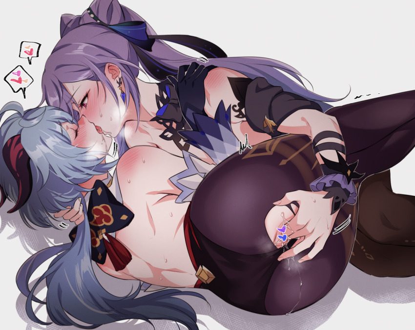 2girls bare_back blue_hair blush censored cone_hair_bun closed_eyes fingering french_kiss ganyu_(genshin_impact) genshin_impact goat_horns grey_background hair_bun heart heart_censor horns keqing_(genshin_impact) keqing_(opulent_splendor)_(genshin_impact) kiss long_hair looking_at_another multiple_girls negom official_alternate_costume pantyhose purple_hair pussy_juice pussy_juice_trail saliva shoulder_blush simple_background spoken_heart sweat tongue tongue_out torn_clothes torn_legwear yuri