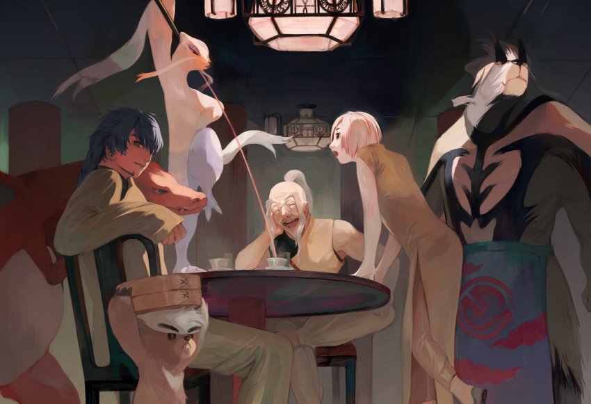 1girl 2boys :d chair charizard china_dress chinese_clothes closed_eyes commentary_request cup dress gen_1_pokemon gen_5_pokemon gen_8_pokemon highres kubfu l_1753ucon legendary_pokemon leon_(pokemon) long_eyebrows long_hair long_sleeves looking_back mienshao multiple_boys mustard_(pokemon) nintendo old old_man open_mouth parted_lips pink_hair pokemon pokemon_(creature) pokemon_swsh saucer short_hair sitting sleeves_past_wrists smile standing table teeth tongue urshifu yellow_eyes |d