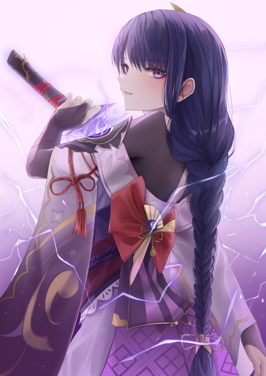 1girl absurdres armor bad_id bad_pixiv_id bridal_gauntlets commentary electricity english_commentary from_behind genshin_impact hair_ornament highres holding holding_sword holding_weapon japanese_clothes kimono long_hair long_sleeves looking_at_viewer looking_back musou_isshin_(genshin_impact) obi open_mouth purple_eyes purple_hair raiden_shogun revision ribbon sash shoulder_armor simple_background solo sword tassel turbulence weapon white_background wide_sleeves