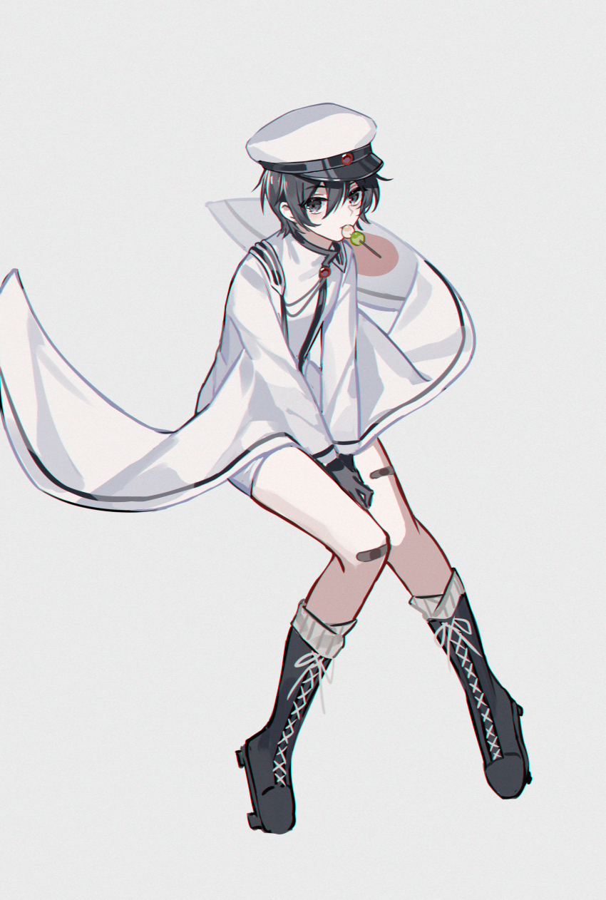 1boy absurdres aged_down between_legs black_eyes black_hair blush child dango food food_in_mouth full_body furisode_sleeves gloves hair_between_eyes hand_between_legs highres japanese_clothes kaito_(vocaloid) kazenemuri knees_together_feet_apart looking_at_viewer male_focus military_uniform own_hands_together kaito_(rei_no_sakura_shirayuki)_(vocaloid) senbonzakura_(vocaloid) short_hair shorts solo standing vocaloid wagashi white_background wide_sleeves