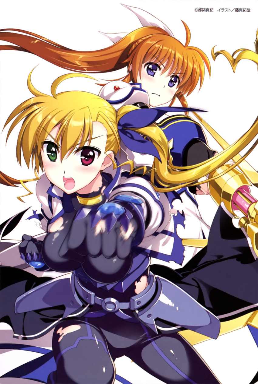 2girls black_gloves blonde_hair blue_eyes blue_ribbon bodysuit breasts breasts_apart brown_hair fingerless_gloves floating_hair fujima_takuya gloves green_eyes hair_between_eyes hair_ribbon heterochromia highres holding holding_weapon large_breasts long_hair lyrical_nanoha magical_girl mahou_shoujo_lyrical_nanoha mahou_shoujo_lyrical_nanoha_vivid multiple_girls official_art open_mouth ponytail raising_heart raising_heart_(exceed_mode) red_eyes ribbon side_ponytail simple_background takamachi_nanoha takamachi_nanoha_(exceed_mode) torn_bodysuit torn_clothes torn_gloves very_long_hair vivio waist_cape weapon white_background white_ribbon