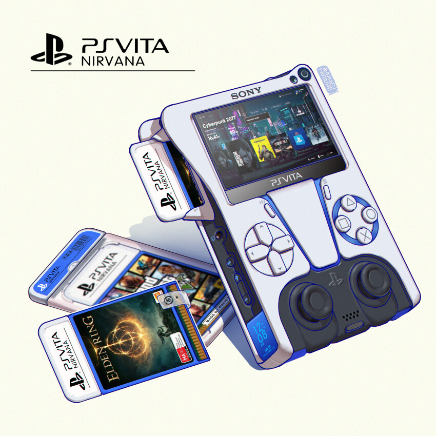 absurdres barcode blurry cyberpunk_(series) cyberpunk_2077 depth_of_field elden_ring english_text game_cartridge ghost_of_tsushima grand_theft_auto grand_theft_auto_v handheld_game_console highres iwse_zhang logo playstation_logo playstation_vita qq_username resident_evil resident_evil_3:_nemesis resident_evil_3_(remake) simple_background the_last_of_us_(series) the_last_of_us_2 white_background