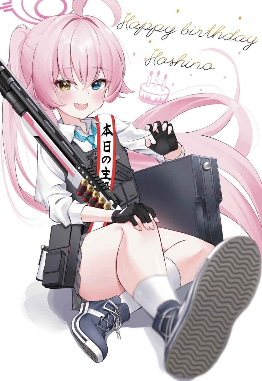 1girl :d ahoge black_gloves black_shoes blue_archive blue_eyes blue_necktie blurry blush bulletproof_vest character_name claw_pose collared_shirt commentary convenient_leg cross-laced_shoes depth_of_field eyelashes fang fingerless_gloves floating_hair foreshortening full_body gloves grey_skirt hair_between_eyes hair_intakes halo hand_up happy heart highres hoshino_(armed)_(blue_archive) hoshino_(blue_archive) indian_style long_hair long_sleeves looking_at_viewer miniskirt necktie official_alternate_costume official_alternate_hairstyle open_mouth pink_halo pleated_skirt ponytail school_uniform shirt shoe_soles shoes simple_background sitting skin_fang skirt smile sneakers solo thighs very_long_hair weapon wfa5051 white_background white_shirt yellow_eyes