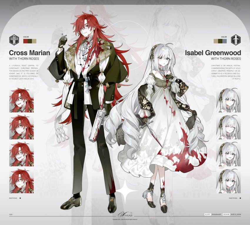 1boy 1girl absurdres black_pants black_shoes blood blood_on_clothes bloody_clothes bloody_dress character_name character_request closed_mouth cross_marian d.gray-man dagger dress full_body glasses gun high_heels highres holding holding_dagger holding_gun holding_knife holding_weapon knife lijet long_hair multiple_expressions open_mouth pants red_hair shoes smile weapon white_dress white_hair