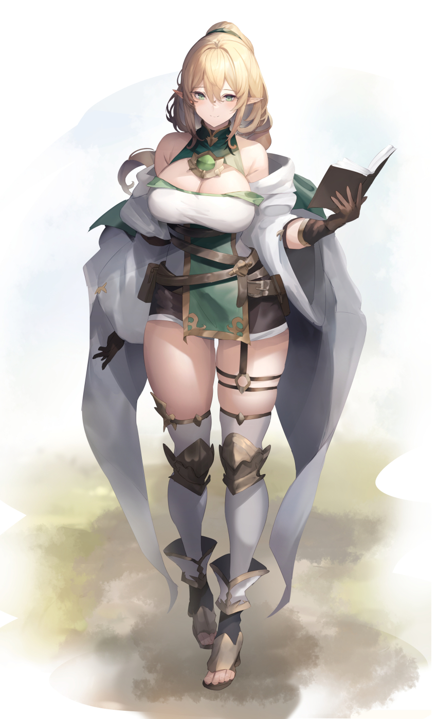 1girl absurdres baketsu bare_shoulders belt_pouch blonde_hair book boots breasts brown_gloves cleavage commentary_request elf full_body gem gloves green_gemstone green_hair hair_between_eyes highres holding holding_book large_breasts long_sleeves looking_at_viewer o-ring o-ring_thigh_strap open-toe_boots open_book original pelvic_curtain pointy_ears pouch thigh_strap thighhighs walking white_thighhighs