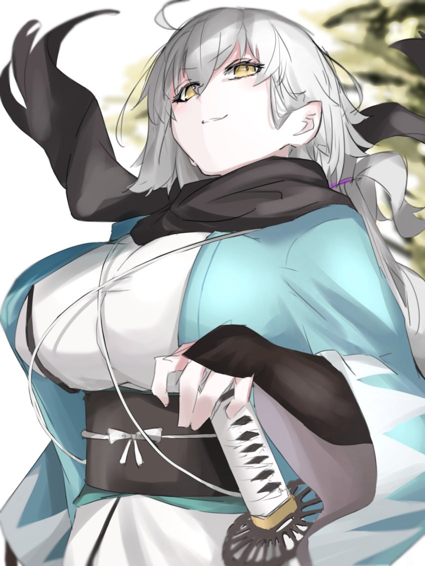 1girl arm_guards black_bow black_scarf bow breasts cosplay fate/grand_order fate_(series) haori highres japanese_clothes jeanne_d&#039;arc_alter_(fate) kimono koha-ace large_breasts obi okita_souji_(fate) okita_souji_(koha-ace) okita_souji_(koha-ace)_(cosplay) ri_o_ne_su sash scarf shinsengumi short_kimono sleeveless sleeveless_kimono smile solo white_hair white_kimono yellow_eyes