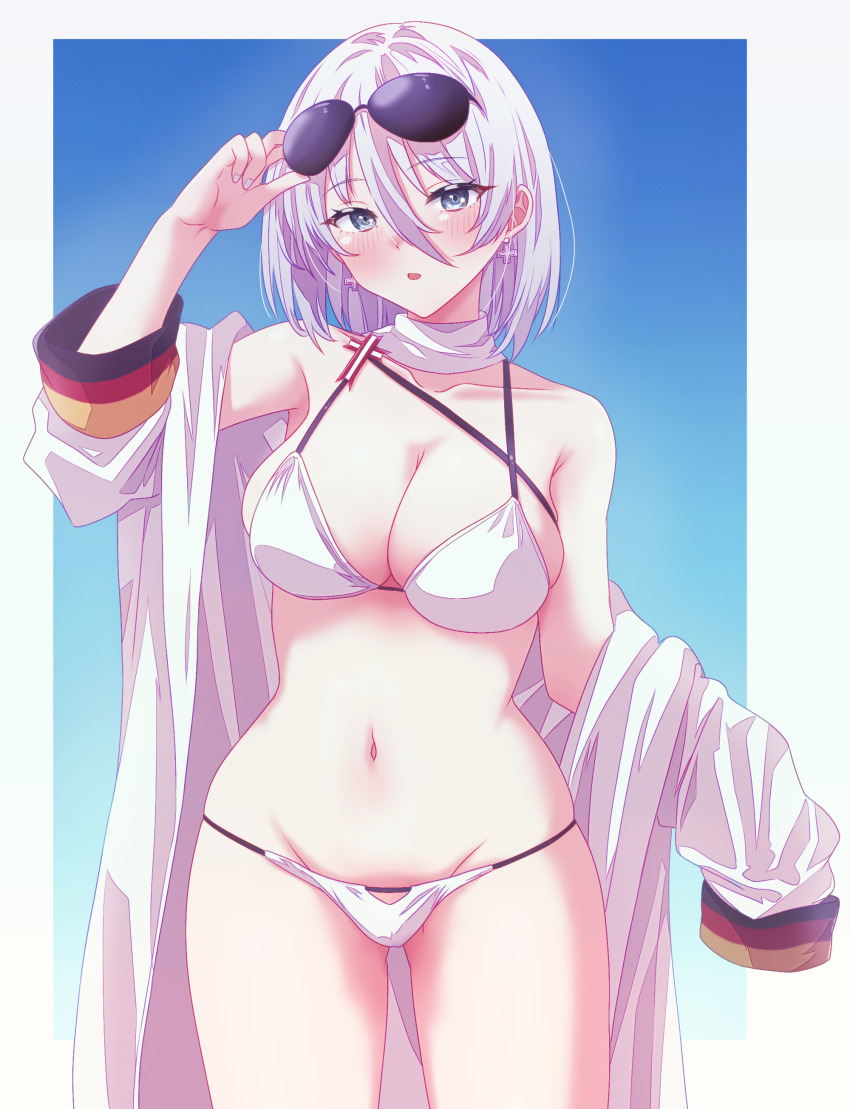 1girl absurdres arbiter1 azur_lane bare_shoulders bikini blue_eyes blush breasts cleavage clothes_pull coat cross earrings eyewear_on_head groin hair_between_eyes hand_up highres hip_focus iron_cross jacket jacket_pull jewelry large_breasts looking_at_viewer medium_hair navel open_clothes open_coat open_mouth outdoors solo stomach sunglasses swimsuit thighs tirpitz_(azur_lane) tirpitz_(snow-melting_summer)_(azur_lane) white_bikini white_coat white_hair