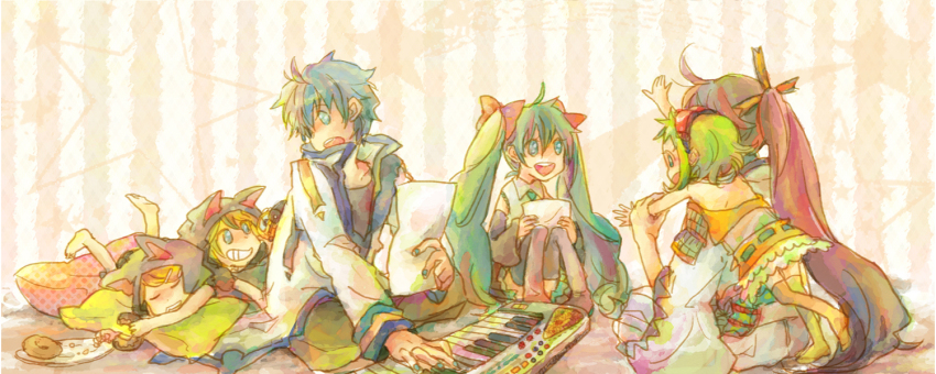 3boys 3girls blonde_hair blue_eyes blue_hair den detached_sleeves donut food goggles green_eyes green_hair gumi hair_ornament hair_ribbon hairclip hatsune_miku kagamine_len kagamine_rin kaito_(vocaloid) kamui_gakupo long_hair multiple_boys multiple_girls necktie ribbon short_hair siblings skirt smile thighhighs twins twintails vocaloid zettai_ryouiki