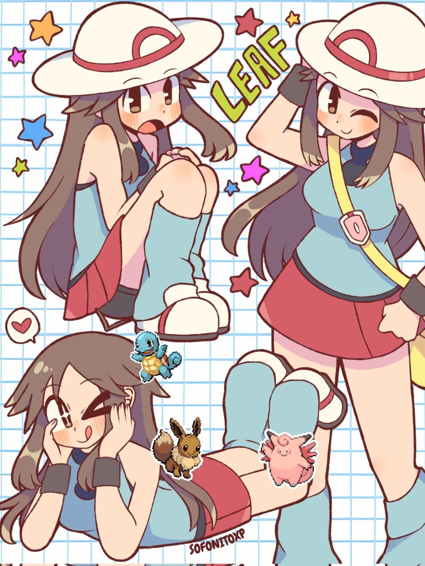 1girl bag blue_shirt blue_socks blush brown_eyes brown_hair character_name clefairy closed_eyes dress eevee gen_1_pokemon grid_background hat heart highres leaf_(pokemon) long_hair looking_at_viewer loose_socks nintendo open_mouth pokemon pokemon_(creature) pokemon_frlg porkpie_hat red_dress red_skirt shirt shoulder_bag sitting skirt sleeveless sleeveless_shirt smile socks sofo_soup squirtle standing star_(symbol) tongue tongue_out twitter_username yellow_bag