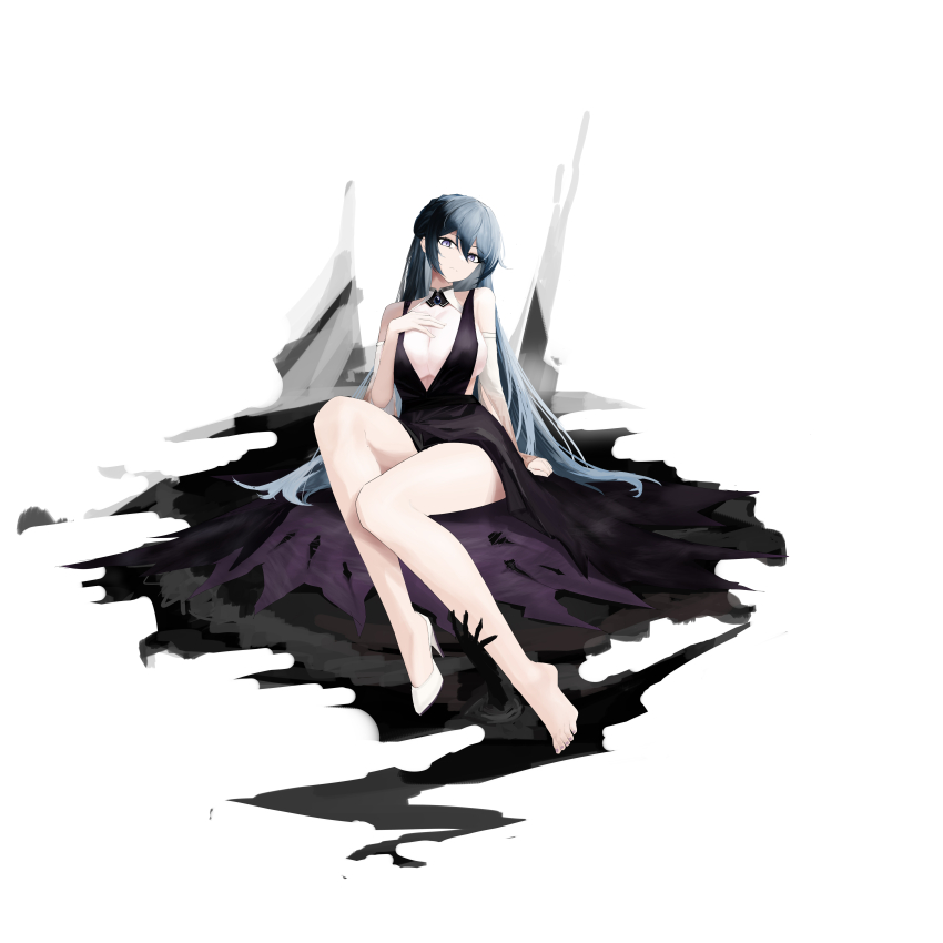 1girl absurdres alternate_costume azur_lane black_dress blue_hair breasts cleavage closed_mouth dress hair_between_eyes hand_on_own_chest high_heels highres large_breasts long_hair looking_at_viewer purple_eyes purple_nails rodney_(azur_lane) rodney_(meta)_(azur_lane) shoes simple_background single_shoe solo suo_bu_ye_feng white_background white_shoes