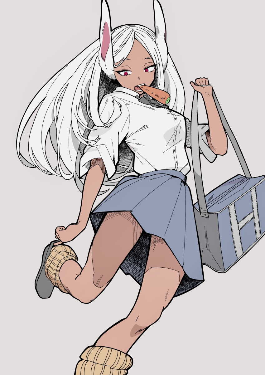 1girl absurdres adjusting_footwear animal_ears bag black_bow black_bowtie black_footwear blue_skirt boku_no_hero_academia bow bowtie carrot dark-skinned_female dark_skin food_in_mouth grey_background hanten_(hantennano) highres holding holding_bag legs long_eyelashes long_hair looking_down loose_socks mirko mouth_hold open_mouth orange_socks parted_bangs pleated_skirt rabbit_ears rabbit_girl red_eyes school_bag school_uniform shirt shirt_tucked_in skirt sleeves_rolled_up socks solo standing standing_on_one_leg teeth thighs white_hair white_shirt