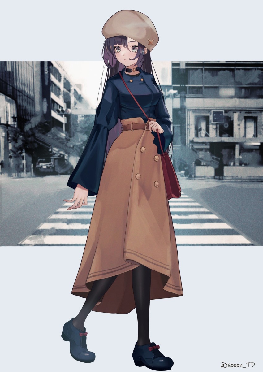 1girl absurdres alternate_costume alternate_hairstyle asymmetrical_bangs bag belt belt_buckle black_choker black_pantyhose blue_shirt blue_shoes blush breasts brown_headwear brown_skirt buckle building choker closed_mouth contemporary crosswalk full_body genshin_impact green_eyes hair_down handbag high-waist_skirt highres long_skirt long_sleeves looking_away looking_to_the_side medium_breasts mona_(genshin_impact) outside_border pantyhose photo_background shirt shoes shoulder_bag skirt solo sooon town