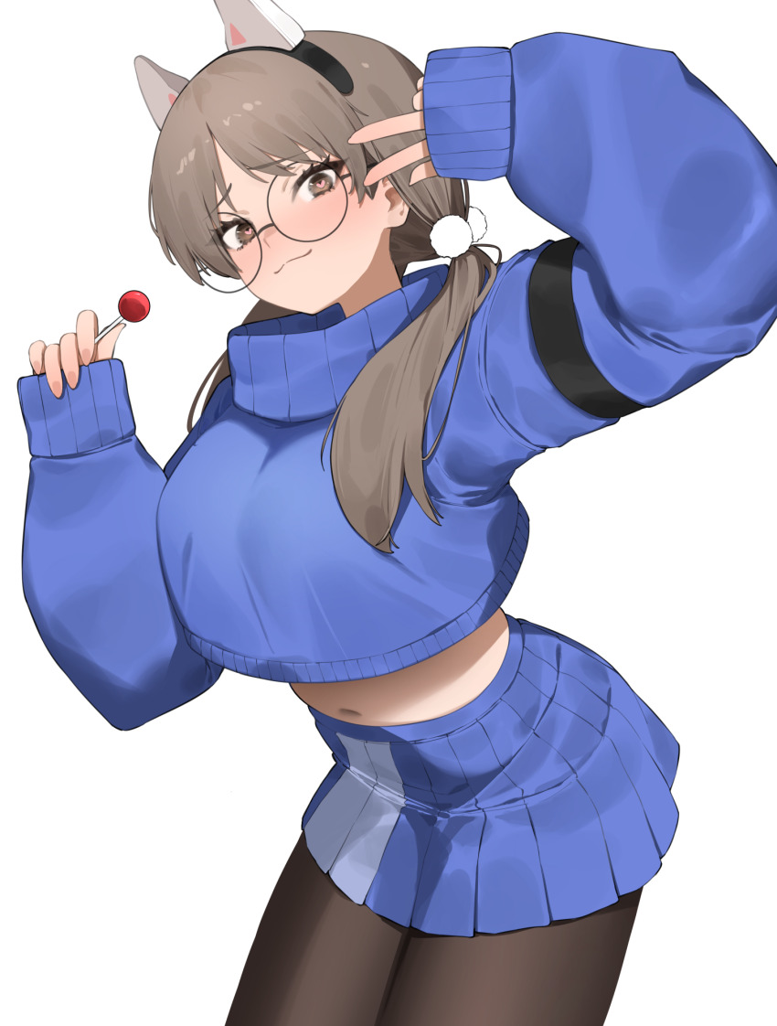 1girl :3 animal_ear_hairband animal_ears black-framed_eyewear black_pantyhose blue_archive blue_skirt blue_sweater breasts brown_eyes brown_hair candy closed_mouth commentary_request cowboy_shot cropped_sweater fake_animal_ears flasso food glasses hairband hands_up highres holding holding_candy holding_food holding_lollipop large_breasts leaning_forward lollipop long_hair long_sleeves low_twintails midriff miniskirt moe_(blue_archive) navel pantyhose pleated_skirt puffy_long_sleeves puffy_sleeves rabbit_ear_hairband rabbit_ears round_eyewear simple_background skirt sleeves_past_wrists smile solo sweater thighs twintails v white_background
