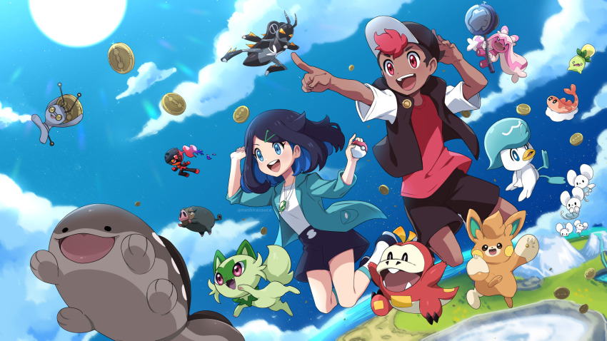 1boy 1girl baseball_cap black_hair black_hat black_hoodie blue_eyes blue_footwear blue_hair blue_jacket blue_sky brown_shorts charcadet clodsire coin colored_inner_hair commentary_request dark-skinned_male dark_skin day fangs fuecoco full_body game_freak gem gimmighoul gimmighoul_(roaming) green_gemstone green_hair_ornament hair_ornament hairclip hammer happy hat highres holding holding_coin holding_hammer holding_poke_ball hood hoodie jacket jewelry kneehighs lechonk liko_(pokemon) lokix maushold maushold_(family_of_four) medium_hair multicolored_hair nashirasauce necklace nintendo open_clothes open_jacket open_mouth outdoors pawmi pink_hair pointing poke_ball poke_ball_(basic) pokemon pokemon_(anime) pokemon_(creature) pokemon_horizons quaxly red_eyes red_shirt roy_(pokemon) shirt shoes short_hair short_sleeves shorts sky smoliv socks sprigatito sun tatsugiri tatsugiri_(curly) teeth tinkaton twitter_username two-tone_hair upper_teeth_only watermark white_shirt white_socks