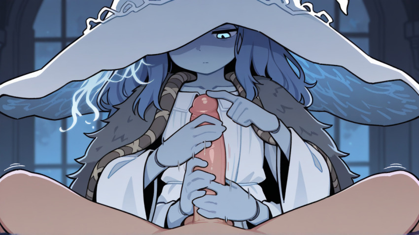 1boy 1girl blue_skin cloak colored_skin dress elden_ring extra_arms four-handed_handjob fur_cloak handjob jitome long_hair looking_down pov ranni_the_witch