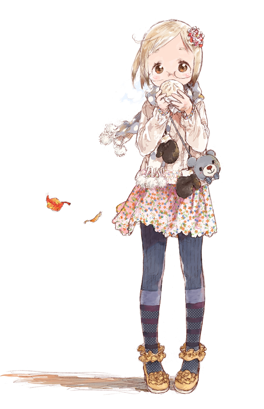 1girl animal_bag autumn autumn_leaves bag barasui bear_bag beige_jacket black_pantyhose blonde_hair blue_scarf blush_stickers bow brown_eyes brown_hair brown_mittens child covering_own_mouth dress eyebrows floral_print flower food frills full_body glasses hair_flower hair_ornament hands_up highres holding holding_food ichigo_mashimaro jacket leaf long_sleeves looking_at_viewer mary_janes mittens multicolored_hair negative_space no_nose official_art pantyhose parted_bangs pigeon-toed pink_dress plaid_bow polka_dot polka_dot_legwear polka_dot_scarf pom_pom_(clothes) print_dress ribbed_legwear sakuragi_matsuri scarf semi-rimless_eyewear shadow shiny_skin shoes short_dress short_hair shoulder_bag simple_background solo standing steam steamed_bun striped_clothes striped_pantyhose tareme two-tone_hair under-rim_eyewear unworn_mittens white_background wind yellow_shoes