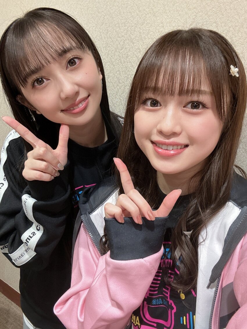 2girls emori_aya highres indoors komiya_arisa looking_at_viewer multiple_girls photo_(medium) selfie smile standing voice_actor