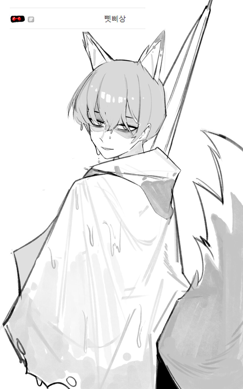 1boy absurdres animal_ears bbizim03 commentary e.g.o_(project_moon) english_commentary fox_boy fox_ears fox_tail from_behind greyscale highres hood korean_text limbus_company looking_back male_focus monochrome open_mouth partially_shaded_face project_moon raincoat simple_background smile solo sunshower_(e.g.o) tail umbrella wet yi_sang_(project_moon)