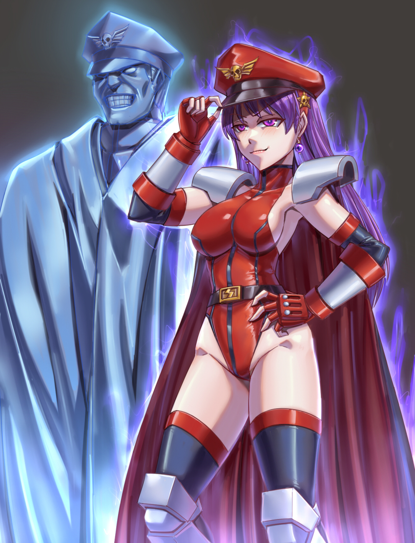 1boy 1girl asamiya_athena breasts capcom cape corruption cosplay crossover dark_persona earrings fingerless_gloves gloves half-closed_eyes hand_on_headwear hand_on_own_hip hat highres jewelry large_breasts leebigtree leotard long_hair m._bison m._bison_(cosplay) peaked_cap possessed possession psycho_soldier purple_eyes purple_hair sideboob smile snk street_fighter the_king_of_fighters