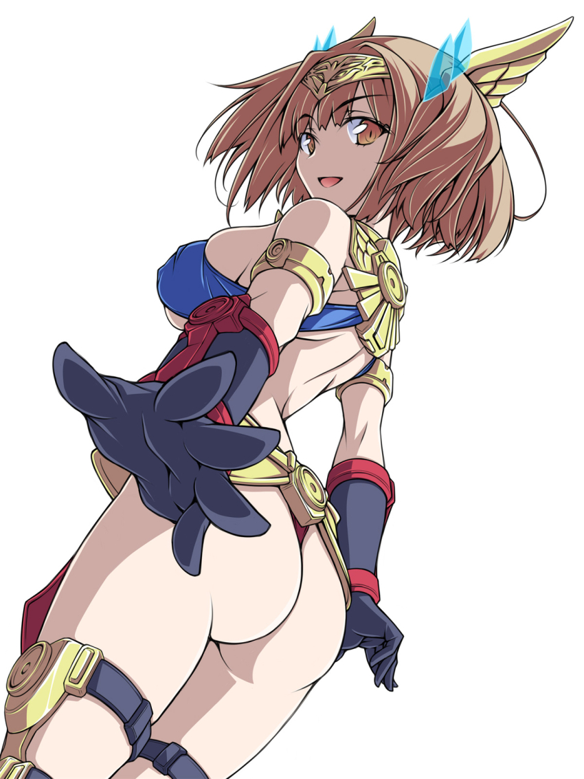 ass atlanger backless_leotard blue_leotard bob_cut brown_eyes brown_hair commentary cowboy_shot from_behind gattai_robo_atlanger gauntlets gloves grey_gloves highres holding holding_sword holding_weapon humanization kikuchi_tsutomu leotard looking_at_viewer looking_back open_mouth simple_background skindentation smile sword thigh_strap thong_leotard tiara weapon white_background