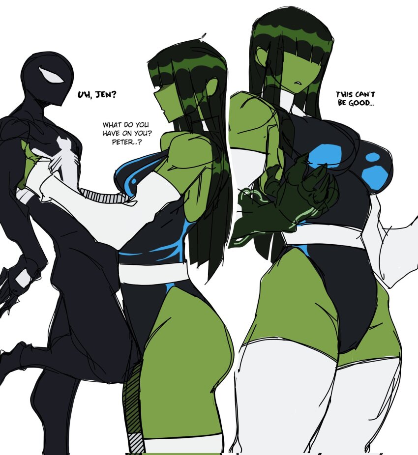 1boy 1girl alternate_hairstyle black_bodysuit blue_leotard bodysuit carrying carrying_person colored_skin green_hair green_skin hair_over_eyes highres leotard marvel she-hulk simple_background spider-man spider-man_(series) standing symbiote t1tans90 tall_female