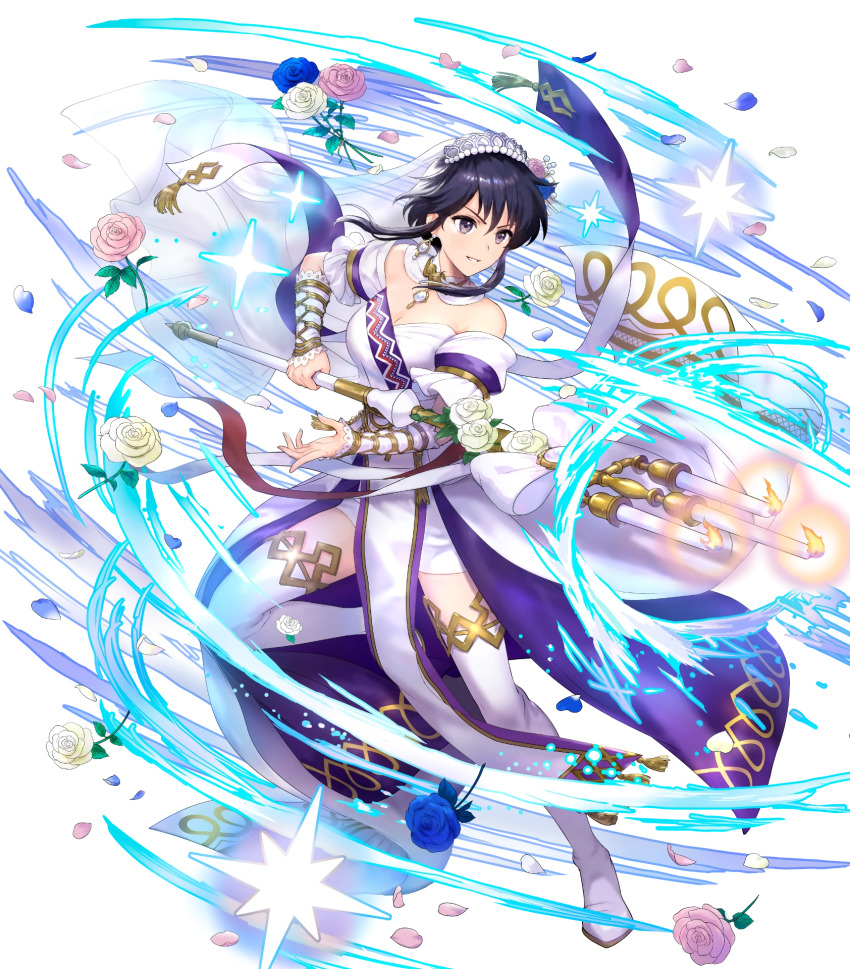 1girl attack black_hair breasts bridal_veil bride candle candlestand cleavage dress fighting_stance fire_emblem fire_emblem:_genealogy_of_the_holy_war fire_emblem_heroes high_heels highres holding holding_candle larcei_(bride)_(fire_emblem) larcei_(bride_of_astra)_(fire_emblem) larcei_(fire_emblem) medium_breasts nintendo non-web_source official_alternate_costume official_art pelvic_curtain purple_dress purple_eyes short_hair short_hair_with_long_locks smile solo sparkle thighhighs two-sided_dress two-sided_fabric v-shaped_eyebrows veil wedding_dress white_dress