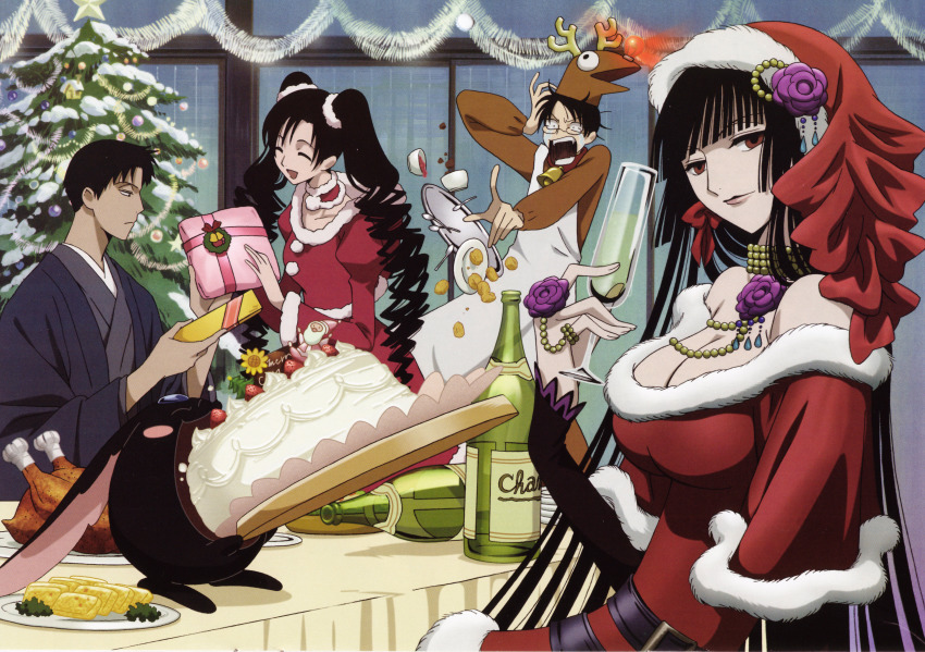 2boys 2girls absurdres alcohol animal_costume antlers bare_shoulders black_hair bottle breasts cake champagne champagne_flute christmas christmas_cake christmas_ornaments christmas_present christmas_tree cleavage closed_eyes cup doumeki_shizuka drinking_glass eating expressionless food fur_trim gift glasses hand_up happy hat highres holding holding_cup horns ichihara_yuuko indoors japanese_clothes kimono kunogi_himawari light_smile long_hair looking_at_viewer mokona multiple_boys multiple_girls off_shoulder official_art open_mouth red_eyes reindeer_antlers reindeer_costume santa_costume santa_hat short_hair sitting smile standing table turkey_(food) twintails watanuki_kimihiro xxxholic