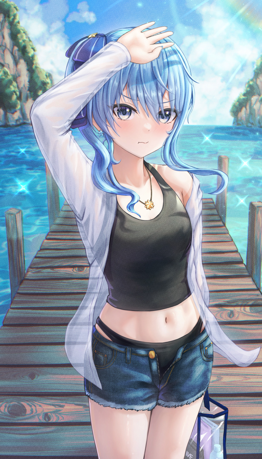 1girl :t absurdres alternate_costume arm_up asymmetrical_sidelocks bag bikini black_bikini black_tank_top blue_eyes blue_hair blue_ribbon blue_shorts blush breasts commentary_request cowboy_shot crop_top day denim denim_shorts dock double-parted_bangs earrings hair_between_eyes hair_ribbon handbag highres holding holding_bag hololive hoshimachi_suisei jewelry looking_at_viewer midriff navel ocean one_side_up open_clothes open_fly open_shirt outdoors pout revision ribbon see-through_clothes see-through_shirt shading_eyes shirt short_shorts shorts side_ponytail sidelocks single_off_shoulder small_breasts solo standing star_(symbol) star_earrings star_in_eye straight-on swimsuit symbol_in_eye tank_top tankini transparent_bag virtual_youtuber wajuniorbox white_shirt