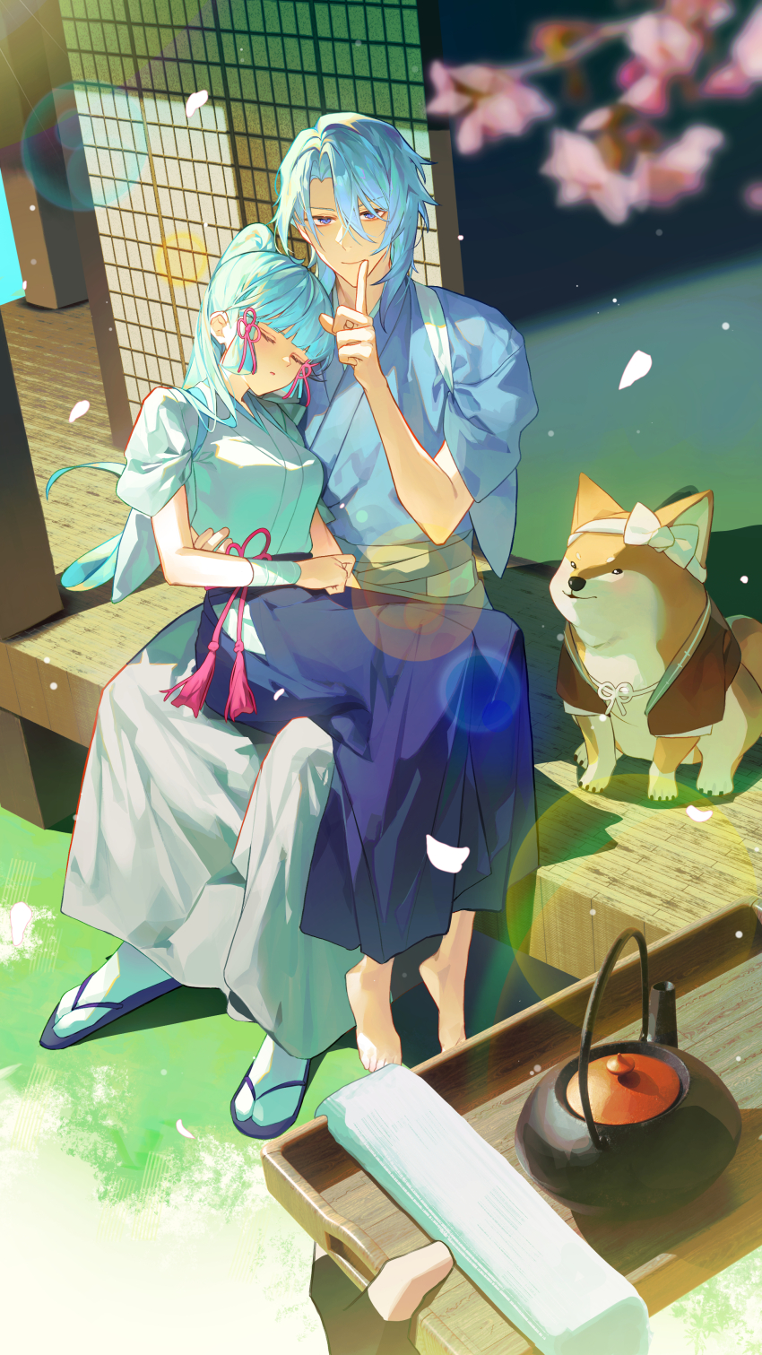 1boy 1girl 1other absurdres architecture arm_around_back ayaka_(genshin_impact) barefoot black_gloves blue_eyes blue_hair blue_hakama blue_kimono breasts brother_and_sister closed_eyes closed_mouth commentary_request dappled_sunlight dog east_asian_architecture falling_petals finger_to_mouth fingerless_gloves full_body genshin_impact gloves hair_between_eyes hakama highres holding holding_tray index_finger_raised japanese_clothes kamisato_ayato kimono long_hair looking_at_viewer medium_breasts parted_lips petals ponytail pov pov_hands sandals short_sleeves shotgunman shushing siblings sitting sitting_on_lap sitting_on_person sleeping smile socks sunlight tabi taroumaru_(genshin_impact) teapot tray white_kimono white_socks wooden_tray