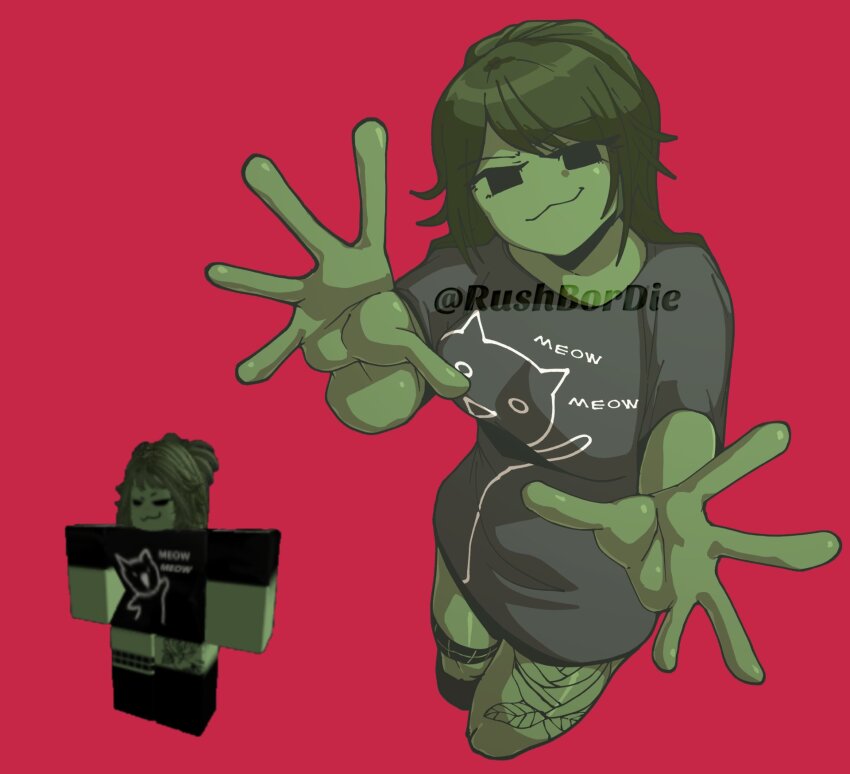 1girl :3 black_shirt black_thighhighs closed_mouth colored_skin commentary commission cowboy_shot english_commentary fred_durst green_eyes green_hair green_skin highres hugo_(rushbordie) limp_bizkit long_hair looking_at_viewer player_character_(roblox) red_background reference_inset roblox shirt simple_background smile solo thighhighs