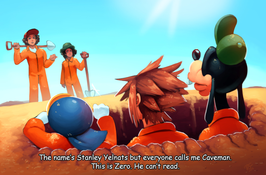 5boys baseball_cap blue_sky brown_hair clear_sky company_connection crossover day disney donald_duck english_text facing_viewer gloves goofy green_headwear hat hector_zeroni highres holding holding_shovel hole holes_(book) jumpsuit kingdom_hearts long_sleeves looking_at_another male_focus mickey_mouse_&amp;_friends multiple_boys orange_jumpsuit outdoors ravenousruss short_hair shovel sky sora_(kingdom_hearts) stanley_yelnats subtitled white_gloves